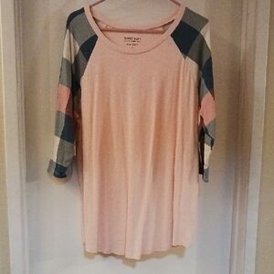 Torrid Pastel Pink Top with Plaid Sleeves